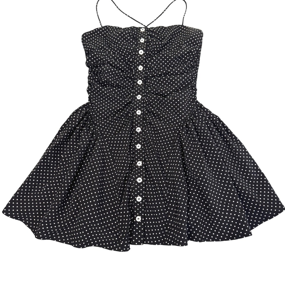 Commense Polka Dot Mini Dress XS Retro Button Front Pinup Flare Black White
